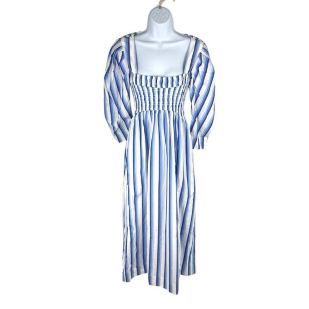 Coastal Blue Stripe Midi Dress Puff Sleeve Smocked Summer GANNI NWT - Picture 5 of 12